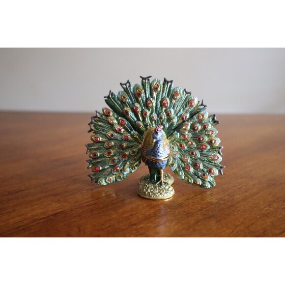 Vintage Rucinni Swarovski Crystal Accented Peacock Hinged Trinket Box SIGNED - Picture 2 of 12